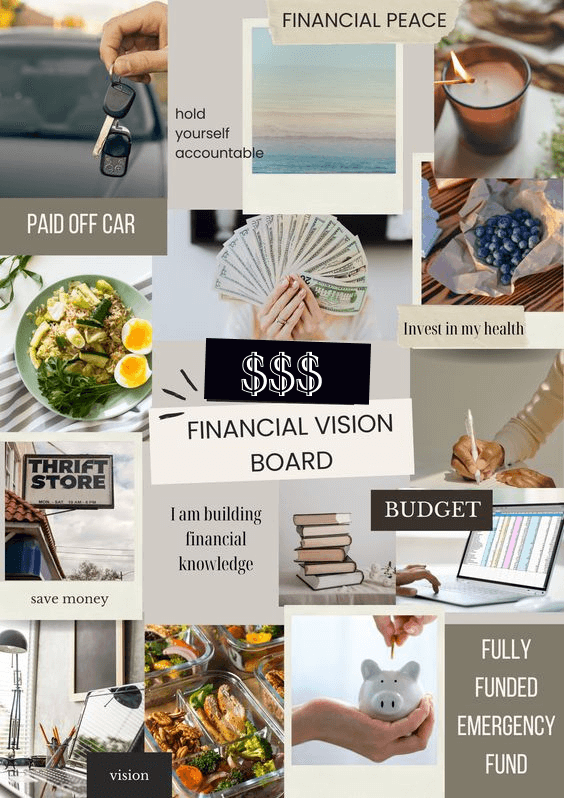 Vision board ideas for students to achieve financial goals board with savings targets, investment strategies, and wealth-building affirmations